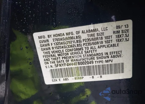 2014 Honda Pilot Ex z USA, uszkodzony, nr VIN 5FNYF4H44EB002049
